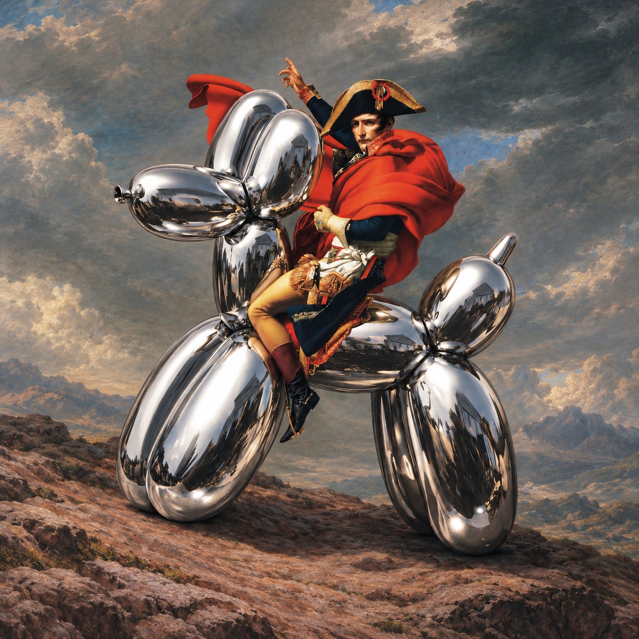 Napoleon in a scarlet cloak riding a chrome balloon dog through the Alps